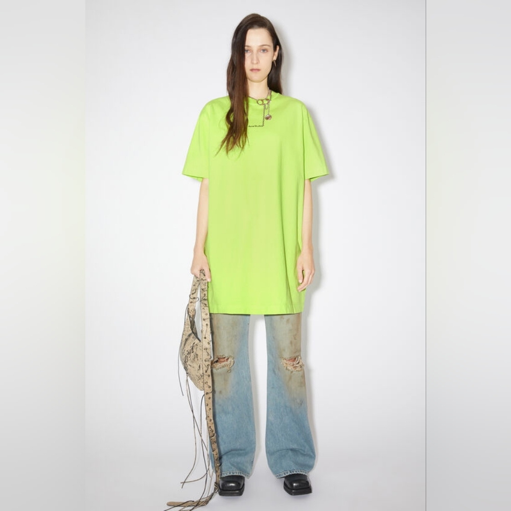 Acne Studios Erin Stamp T-Shirt Dress in Fluo Green
